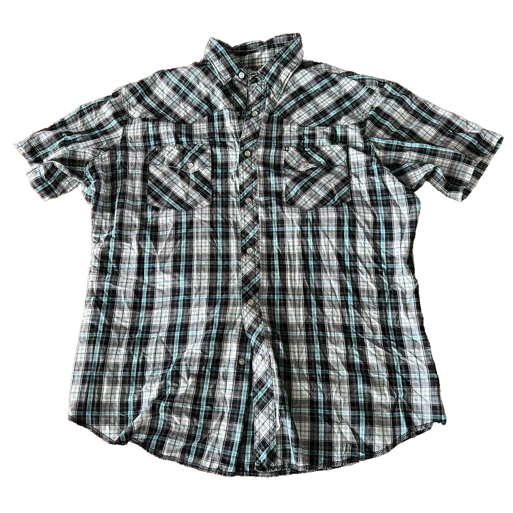 WRANGLER, Wrancher, Mens Shirt Large White/Black/Teal Plaid, Pearl Snap